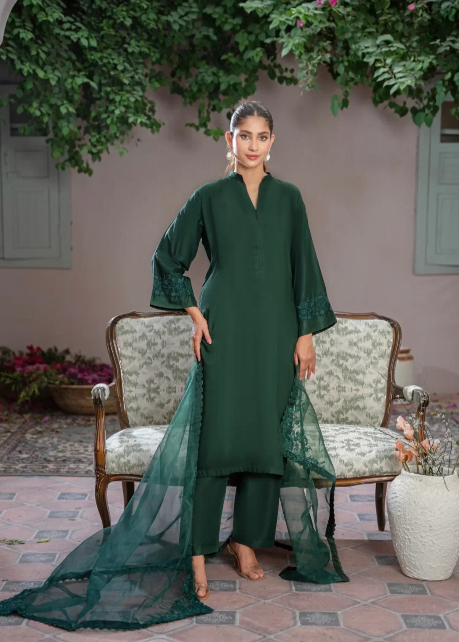 Sajfi Closet Tealine Stitched Suit with Embroidered Dupatta for Women Women 3pcs