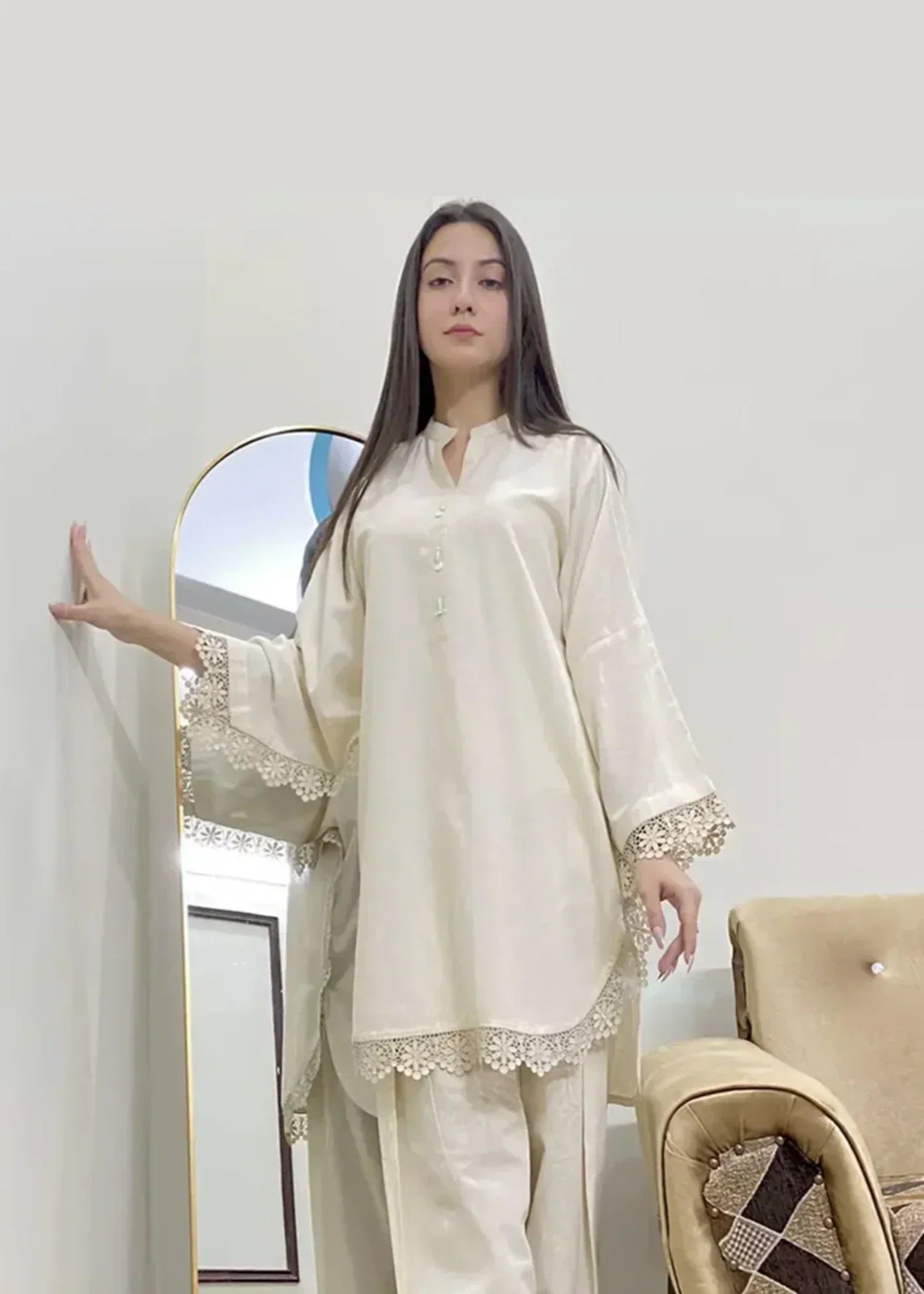 Urban Cut Premium Cotton Co Ord Set Heavily embroidered laces Women 2pcs