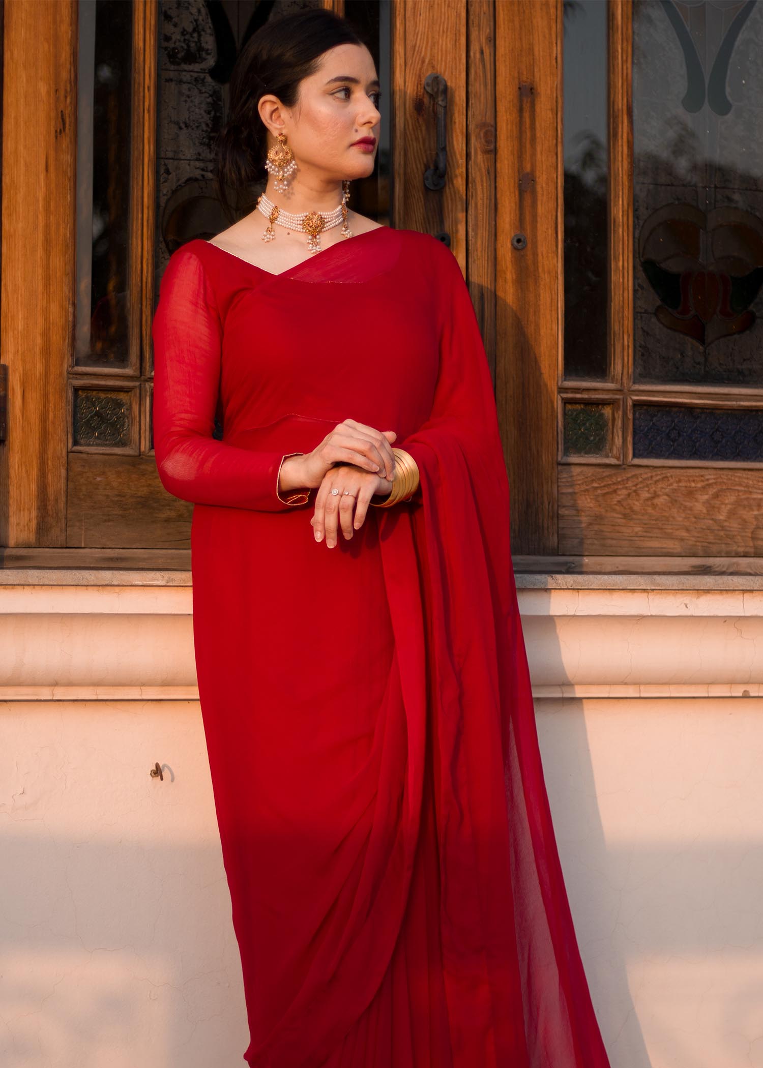 HN By Hamna RED SAREE Women