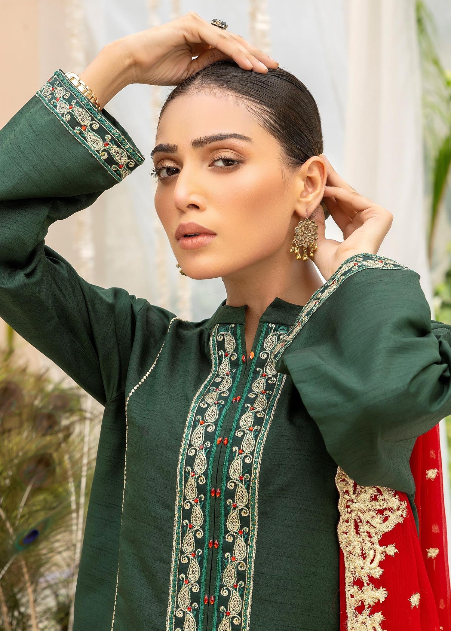 Khola Farhan Design House Dark Green Raw Silk Suit Women 3pcs