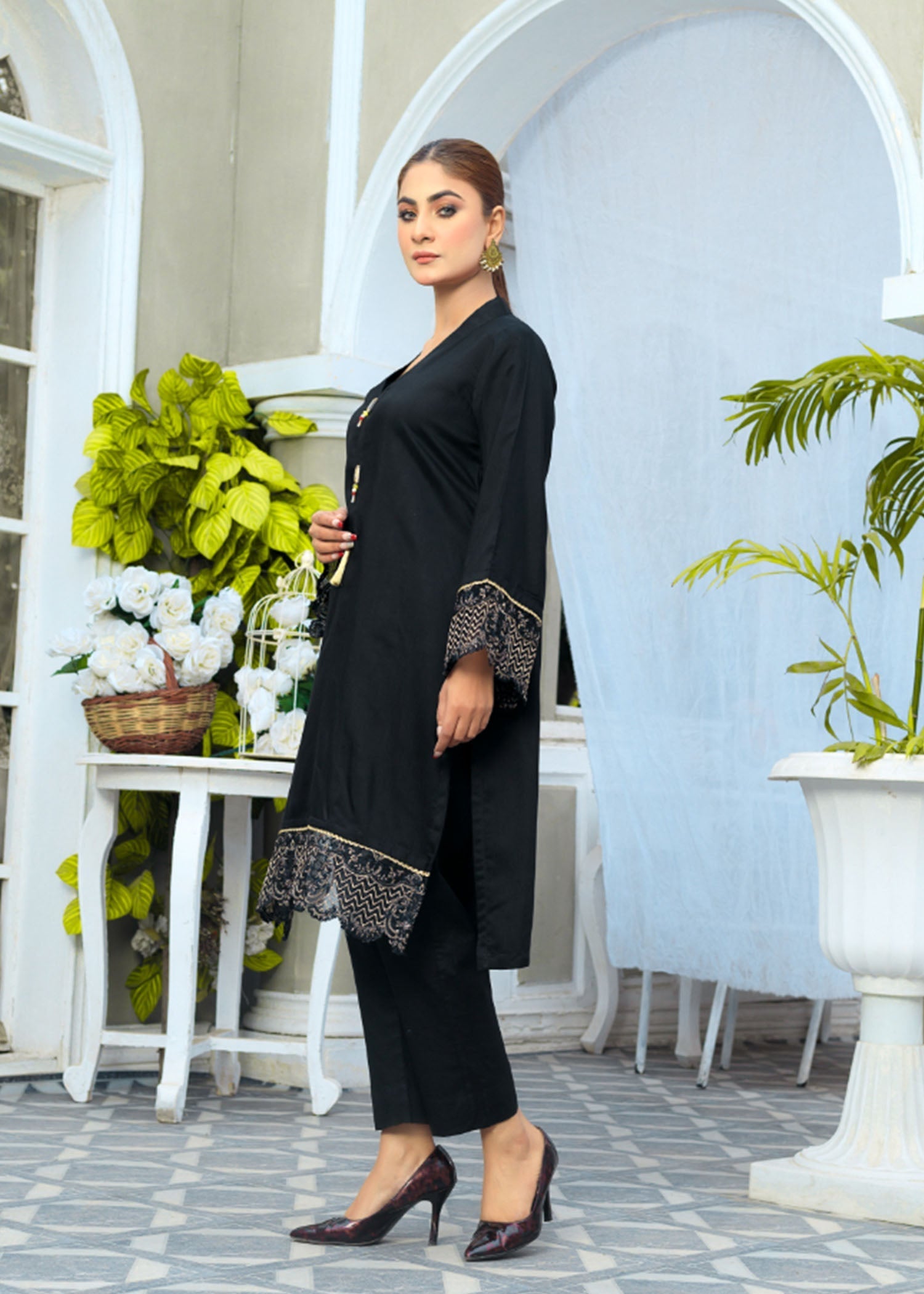 Atrangi BLACK ORGANZA EMBROIDERED DRESS (CC 412) Women 2pcs