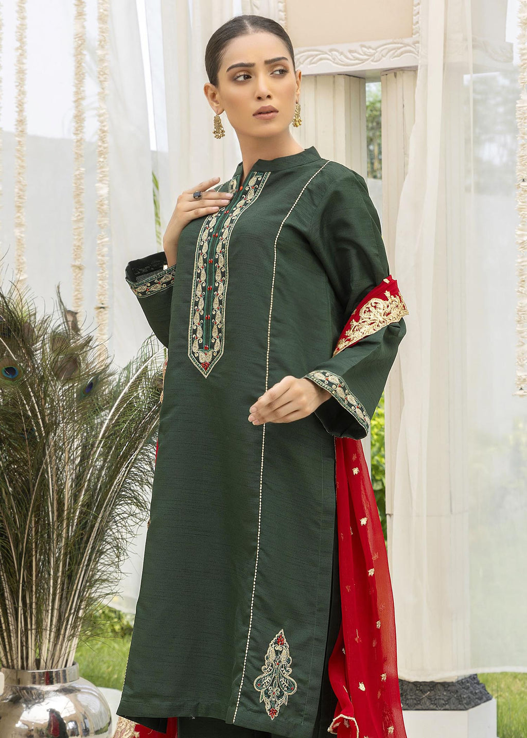 Khola Farhan Design House Dark Green Raw Silk Suit Women 3pcs