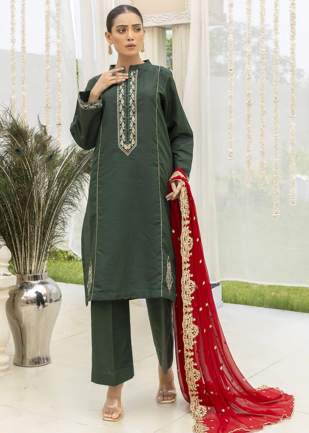 Khola Farhan Design House Dark Green Raw Silk Suit Women 3pcs
