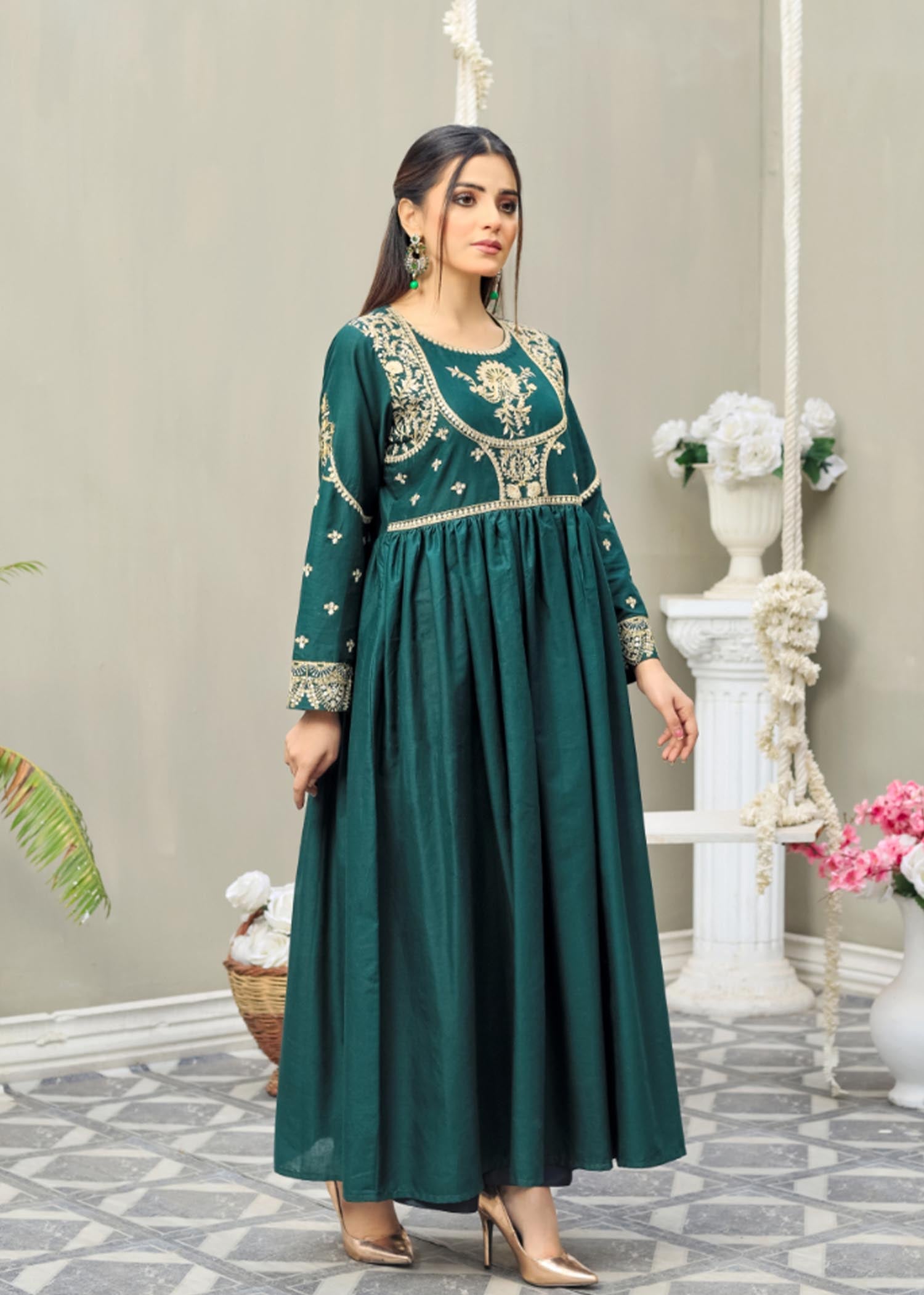 Atrangi GREEN EMBROIDERS FROCK DRESS (CC 642) Women
