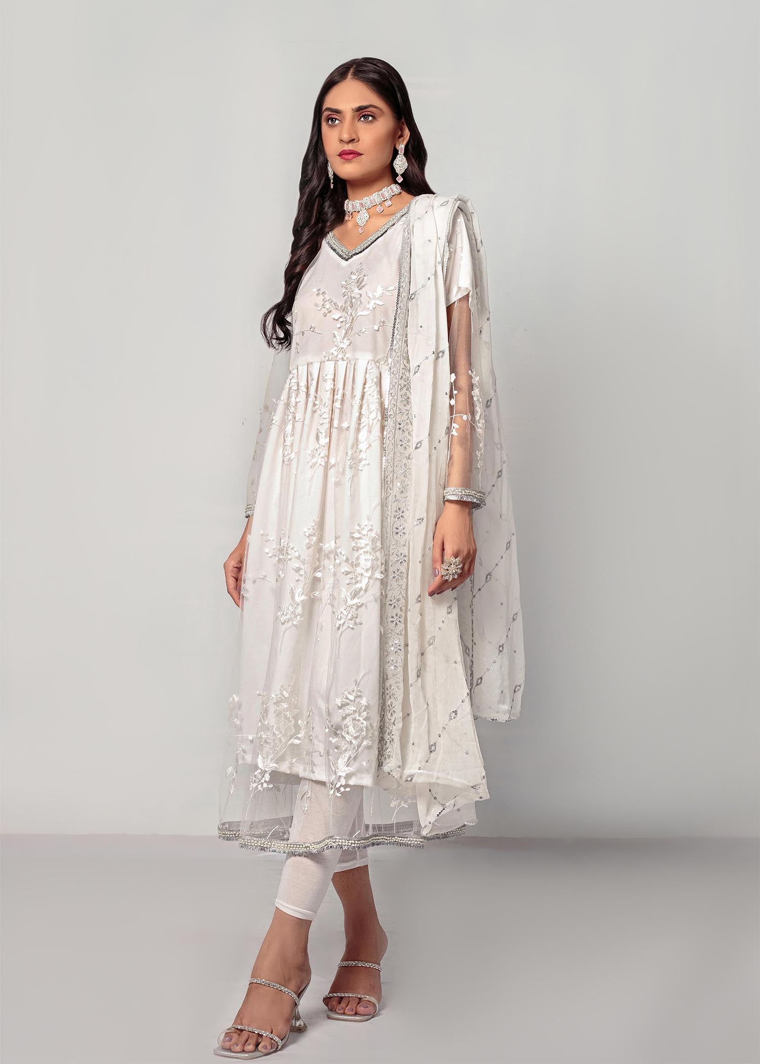 Decuir Shop White Long Maxi embroidered net DC 006