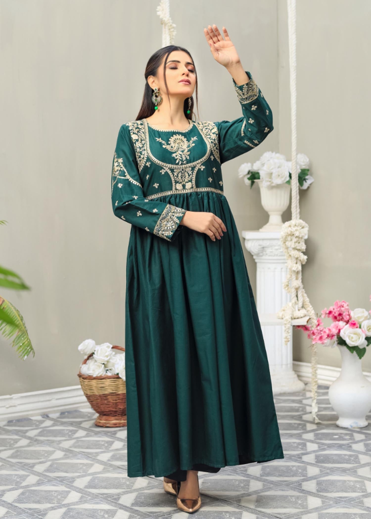Atrangi GREEN EMBROIDERS FROCK DRESS (CC 642) Women