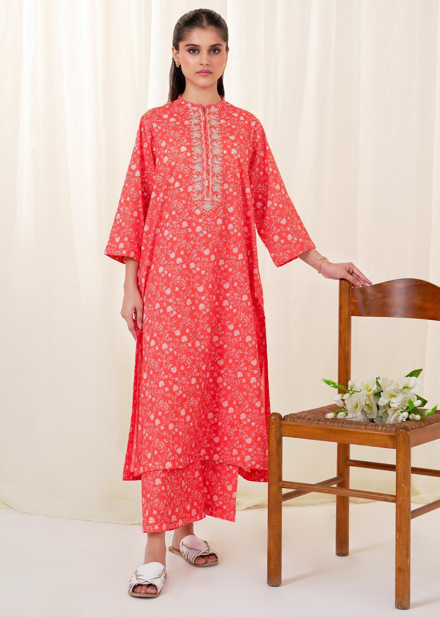 Buzzazi Orange Printed Cambric Suit Women 2pcs