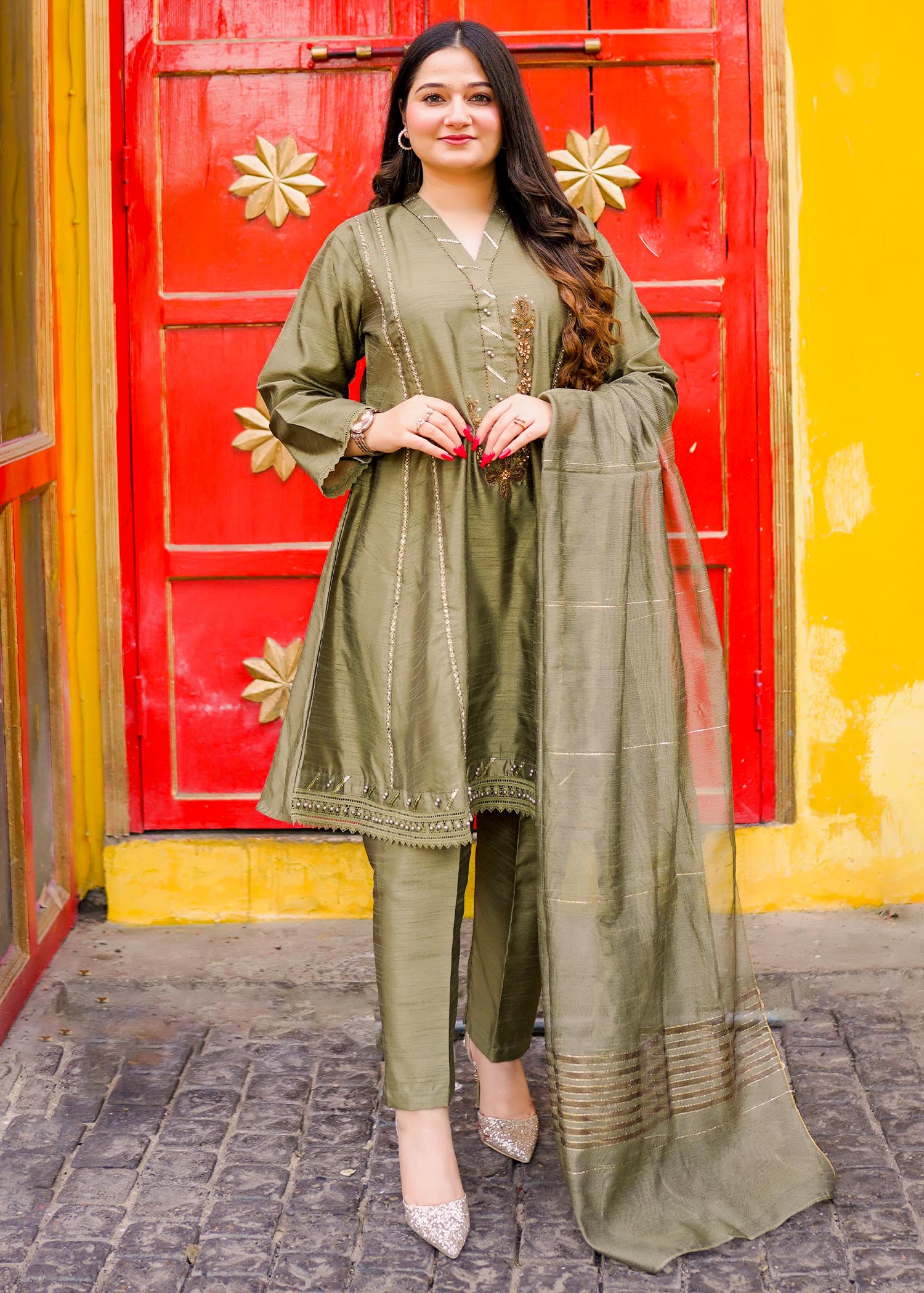 Four Season Boutique Chinese kolar Mhendi Green Women 3pcs