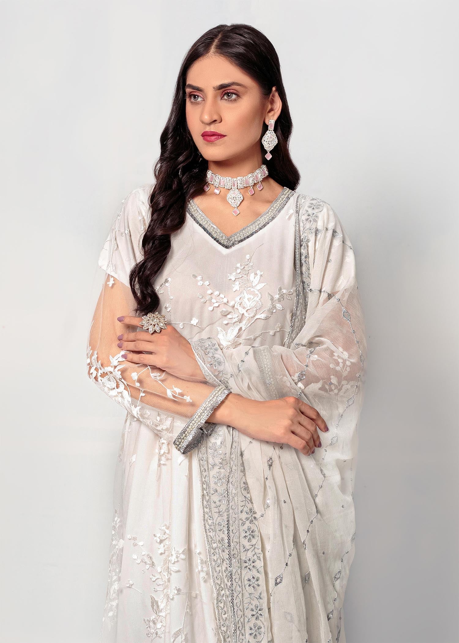 Decuir Shop White Long Maxi embroidered net DC 006