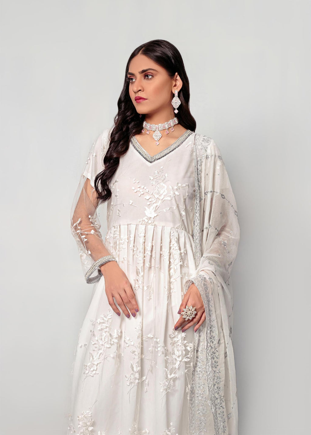 Decuir Shop White Long Maxi embroidered net DC 006