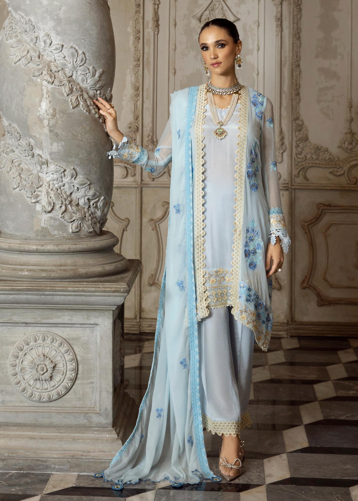 Merakish Baby Blue embroidered chiffon unstitched Suit Women 3pcs