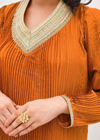 Zar Orange Pleated Tunic Set Women 2pcs