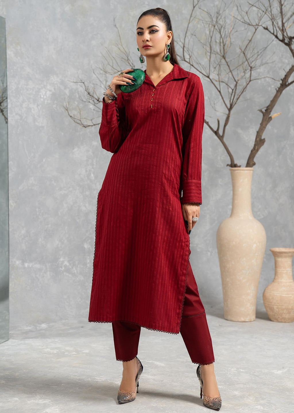 Hemstitch Basic Maroon Women 2pcs