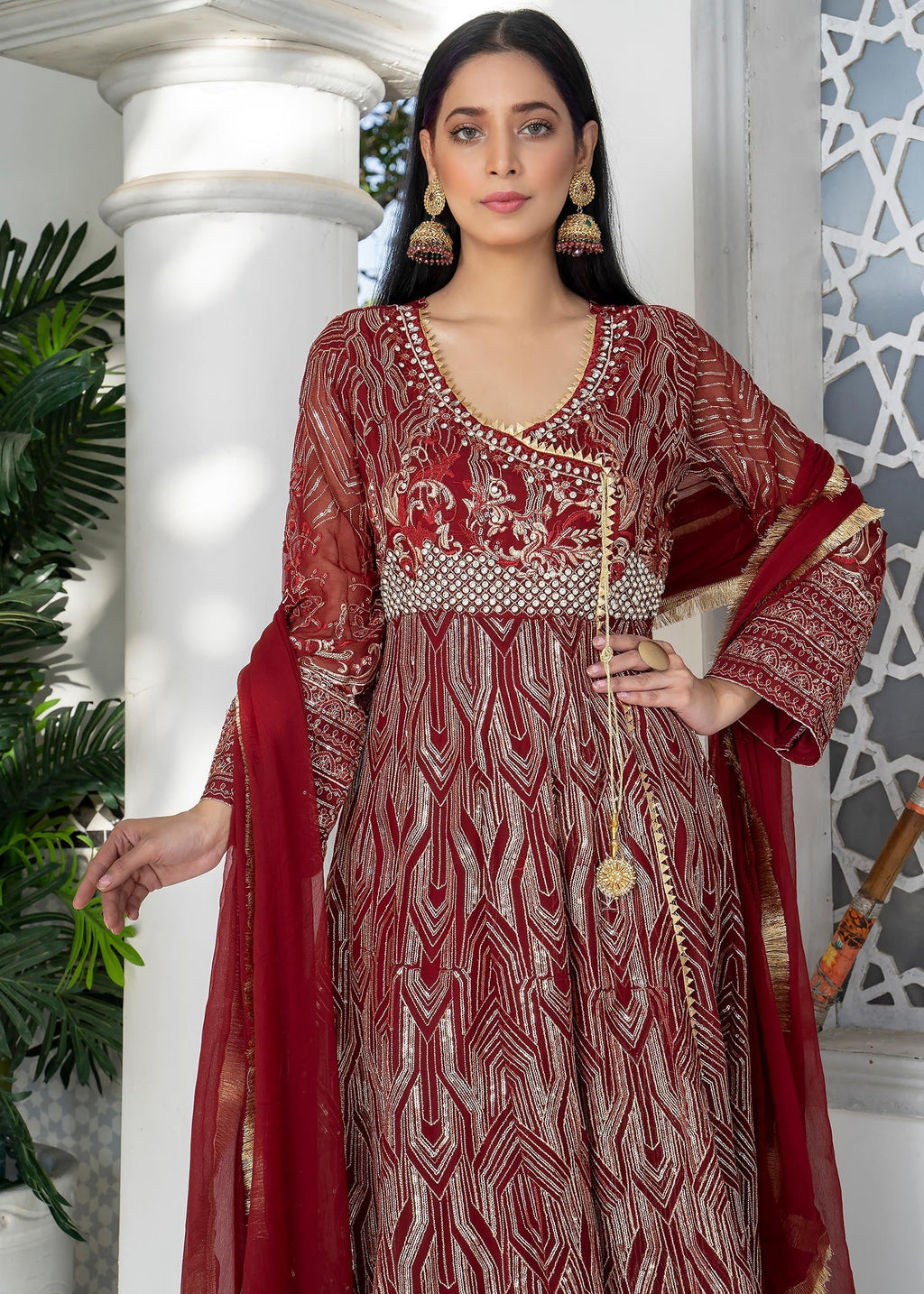 Manahils Angrakha 105 Maroon Women 3pcs