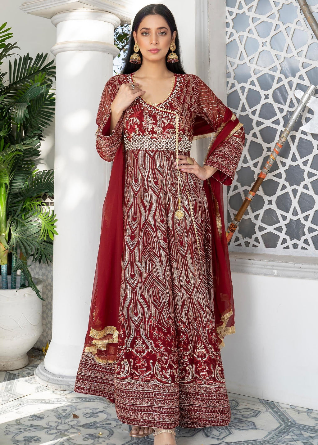 Manahils Angrakha 105 Maroon Women 3pcs