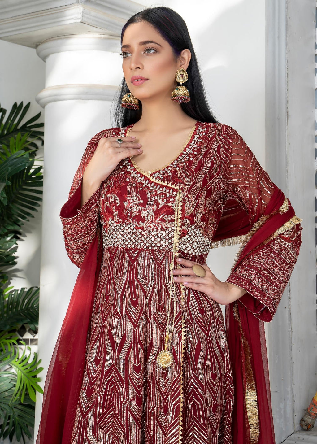 Manahils Angrakha 105 Maroon Women 3pcs