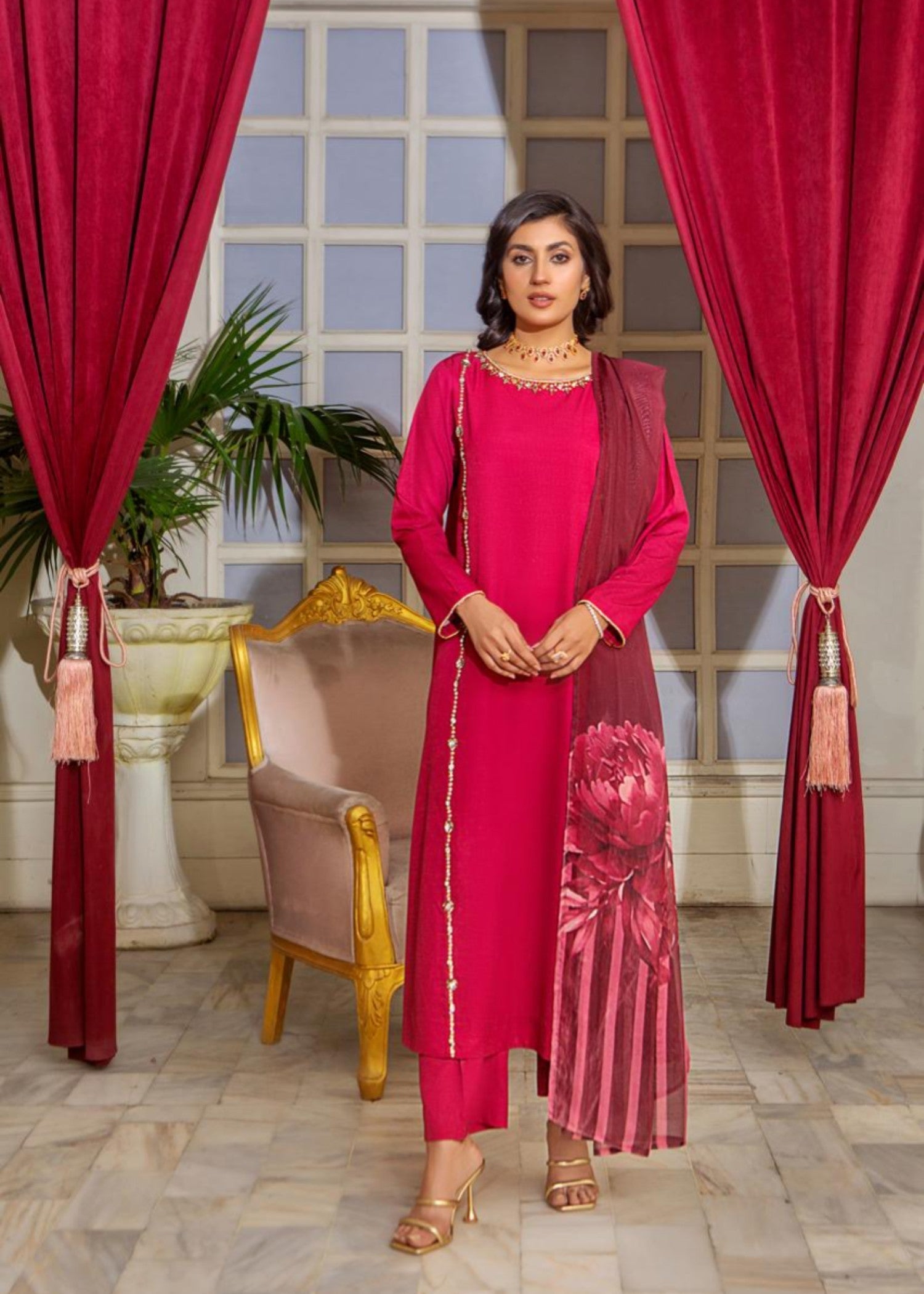 Alnuqat RED VINE Made In Crepe Fabric Women 3pcs