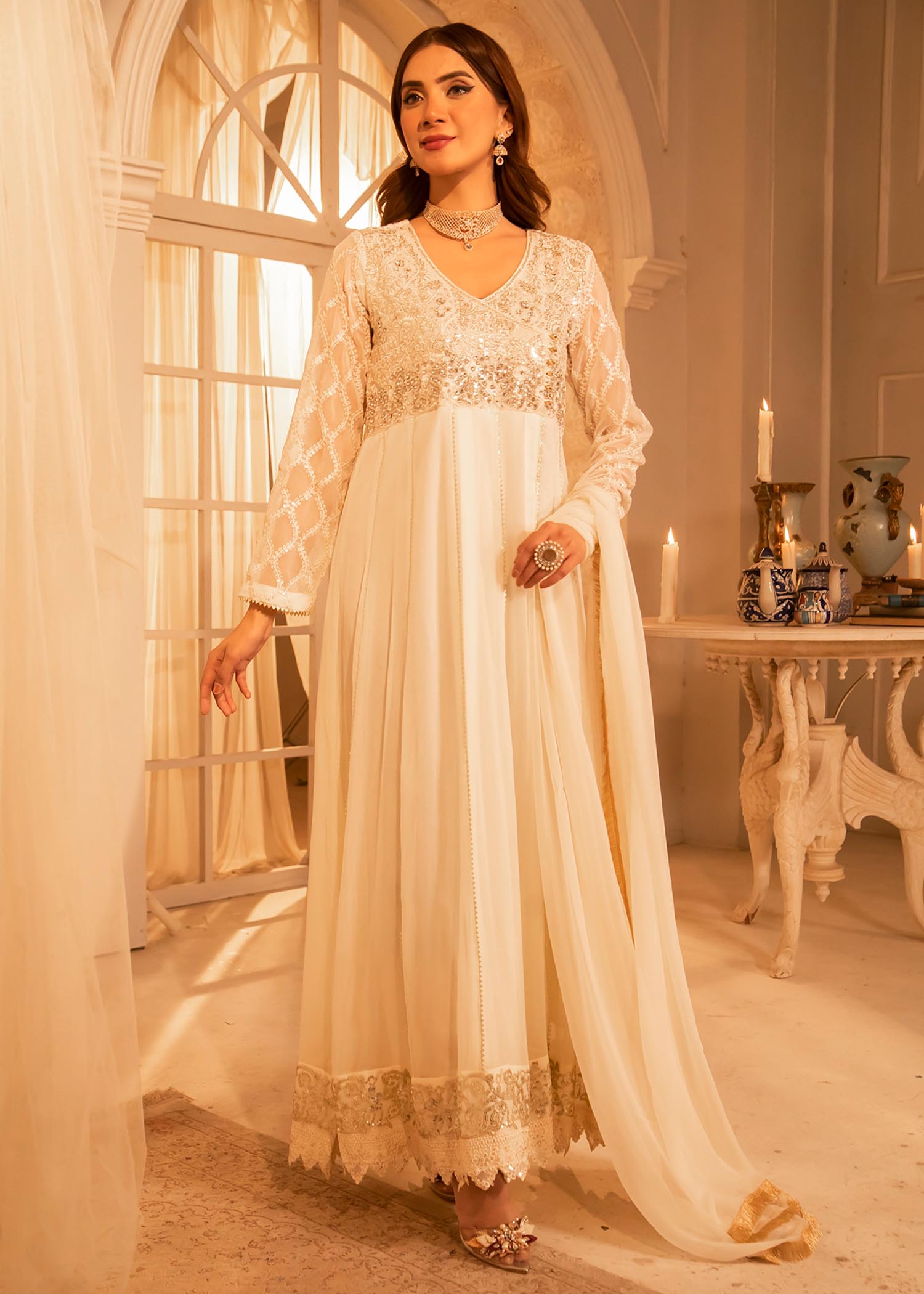Manahils Anarkali 108 White Women 3pcs