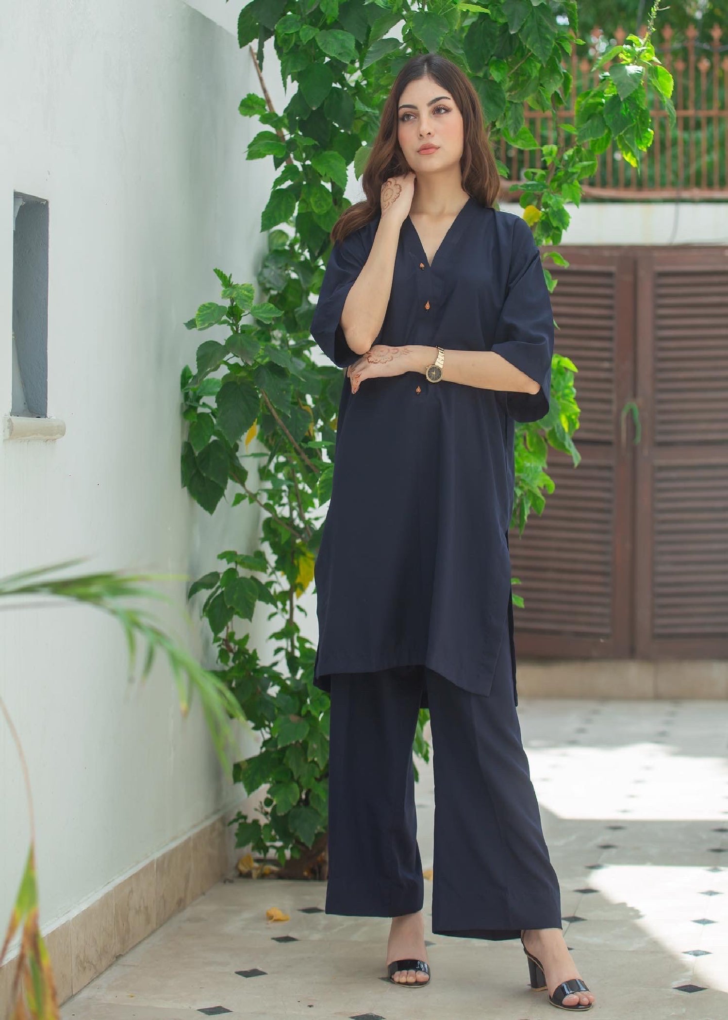 Zauk Navy Blue Two Piece Dress Women 2pcs
