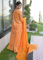 Yolo Pret CHUNRI LONG ANGRAKHA FROCK WITH PLAZZO SHARARA AND PK CRINKLE CHIFFON DUPATTA CHUNRI R24 0003 Women 3pcs