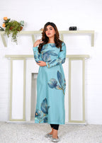 Athena Apparels Jada: Pacific Blue Color Long Shirt With A Touch Of Flower 387 Women 1pcs