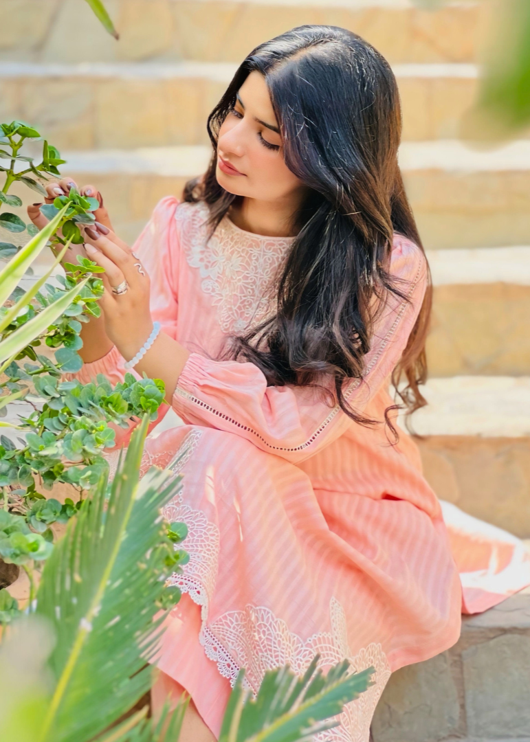 Haya'S Creation Peach Self Tarkashi Lawn Dress with Embroidered Patches Women 2pcs