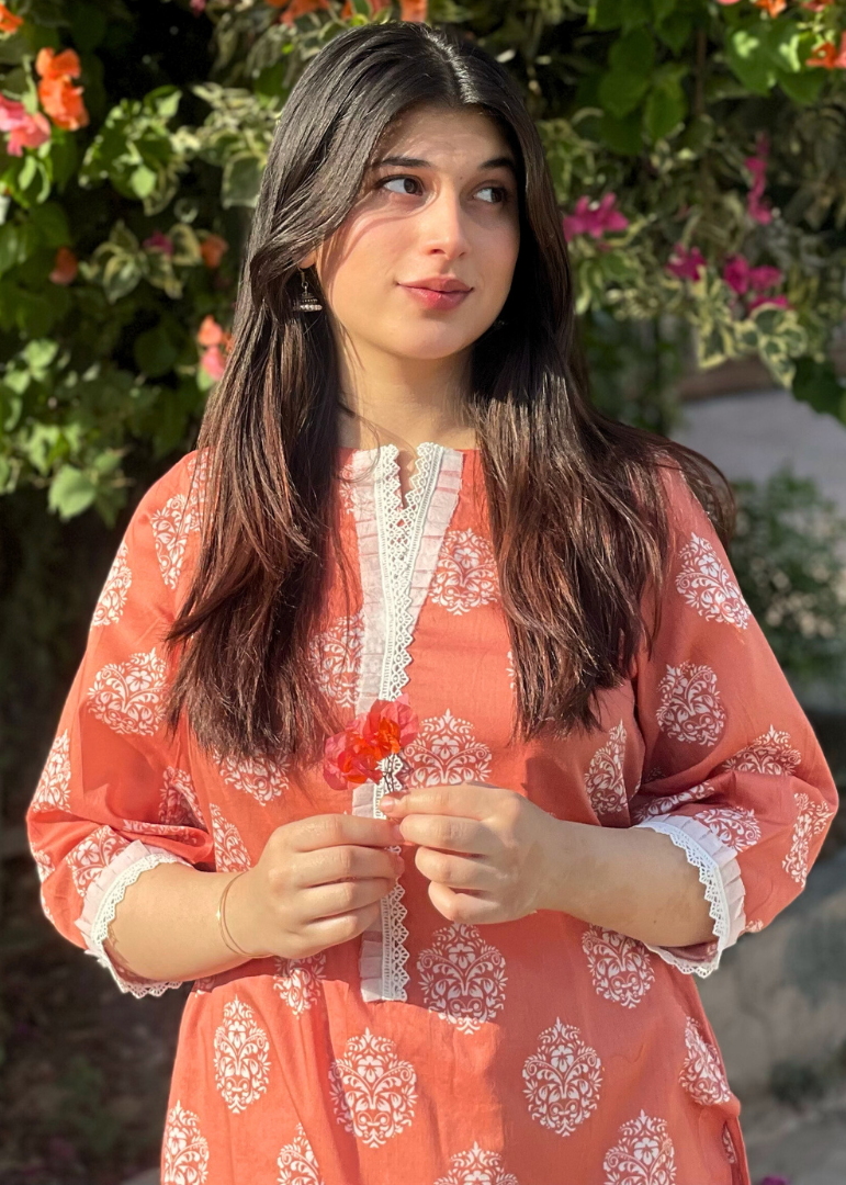Haya'S Creation Printed Coral Lawn Dress with Patyala Style Bottom Women 2pcs