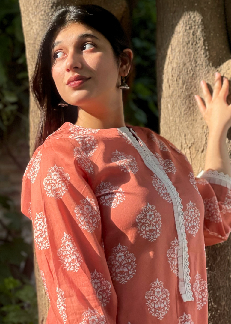 Haya'S Creation Printed Coral Lawn Dress with Patyala Style Bottom Women 2pcs