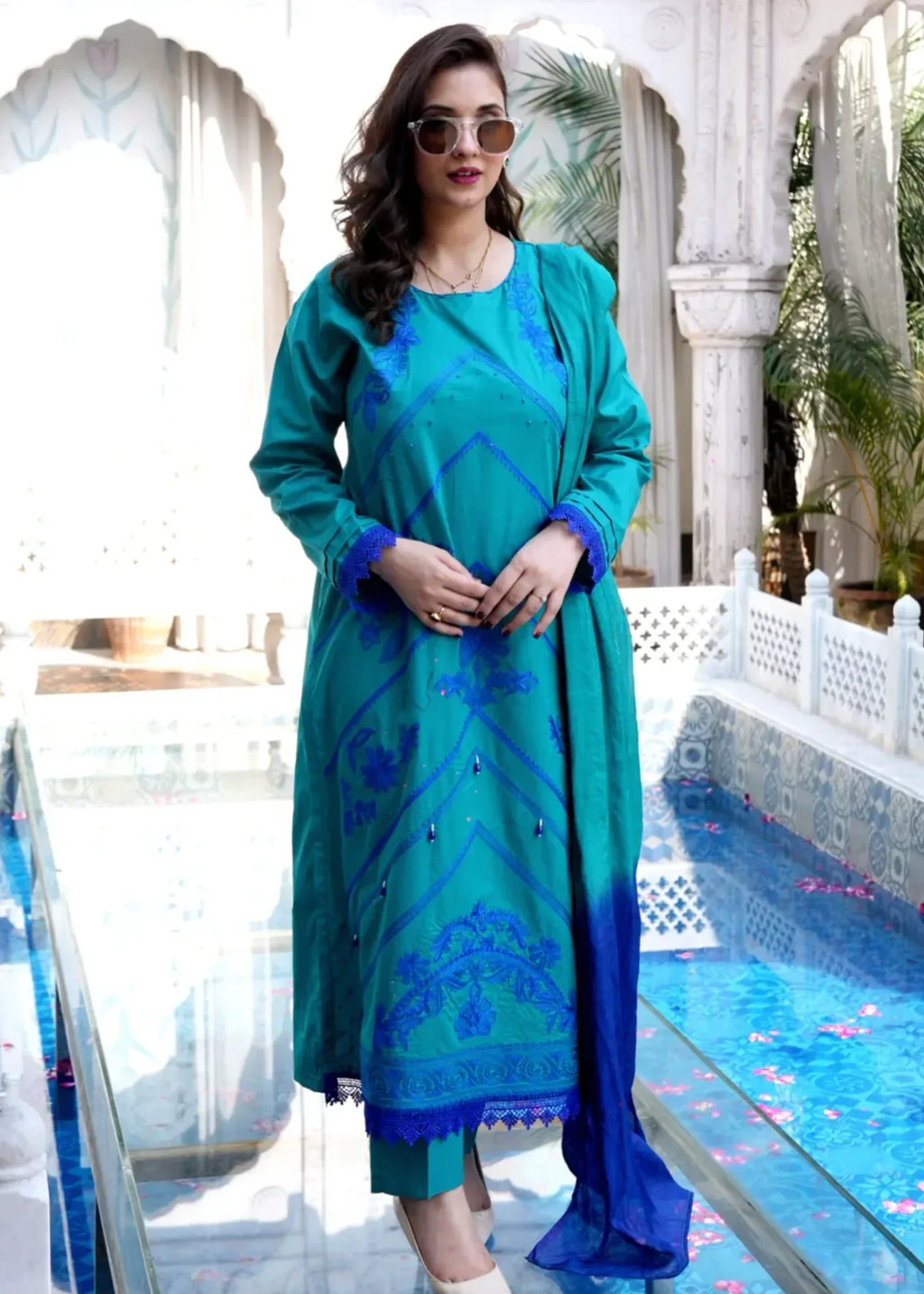 OR COUTURE BY RAMSHA OBAID Embroidered Teal Blue Lawn Set Women 3pcs