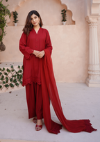 Yolo Pret Red Raw Silk Embroidered with Farshi Shalwar & Chiffon Dupatta JASHAN S25 003441 Women 3pcs