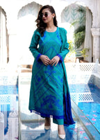 OR COUTURE BY RAMSHA OBAID Embroidered Teal Blue Lawn Set Women 3pcs