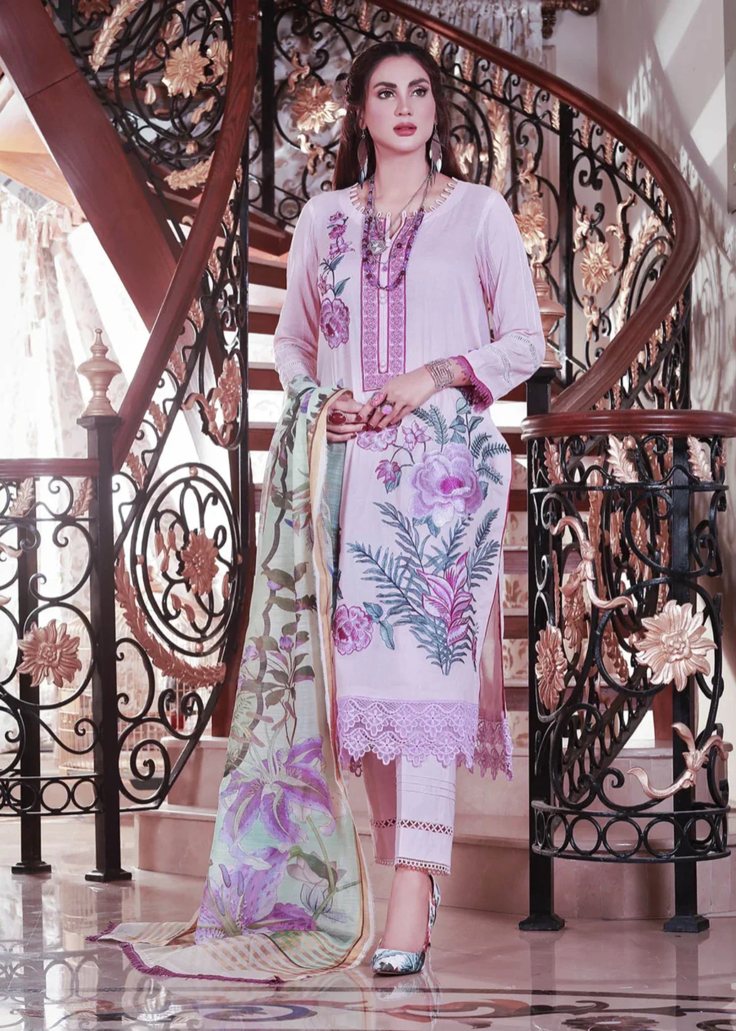 Mehryam Collection Embroidered Khaadi Net Pink Suit Women 3pcs
