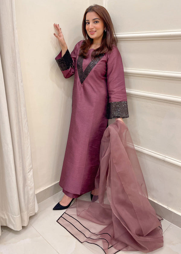 Naaz Couture Plum Embroidered Raw Silk Suit Women 3pcs