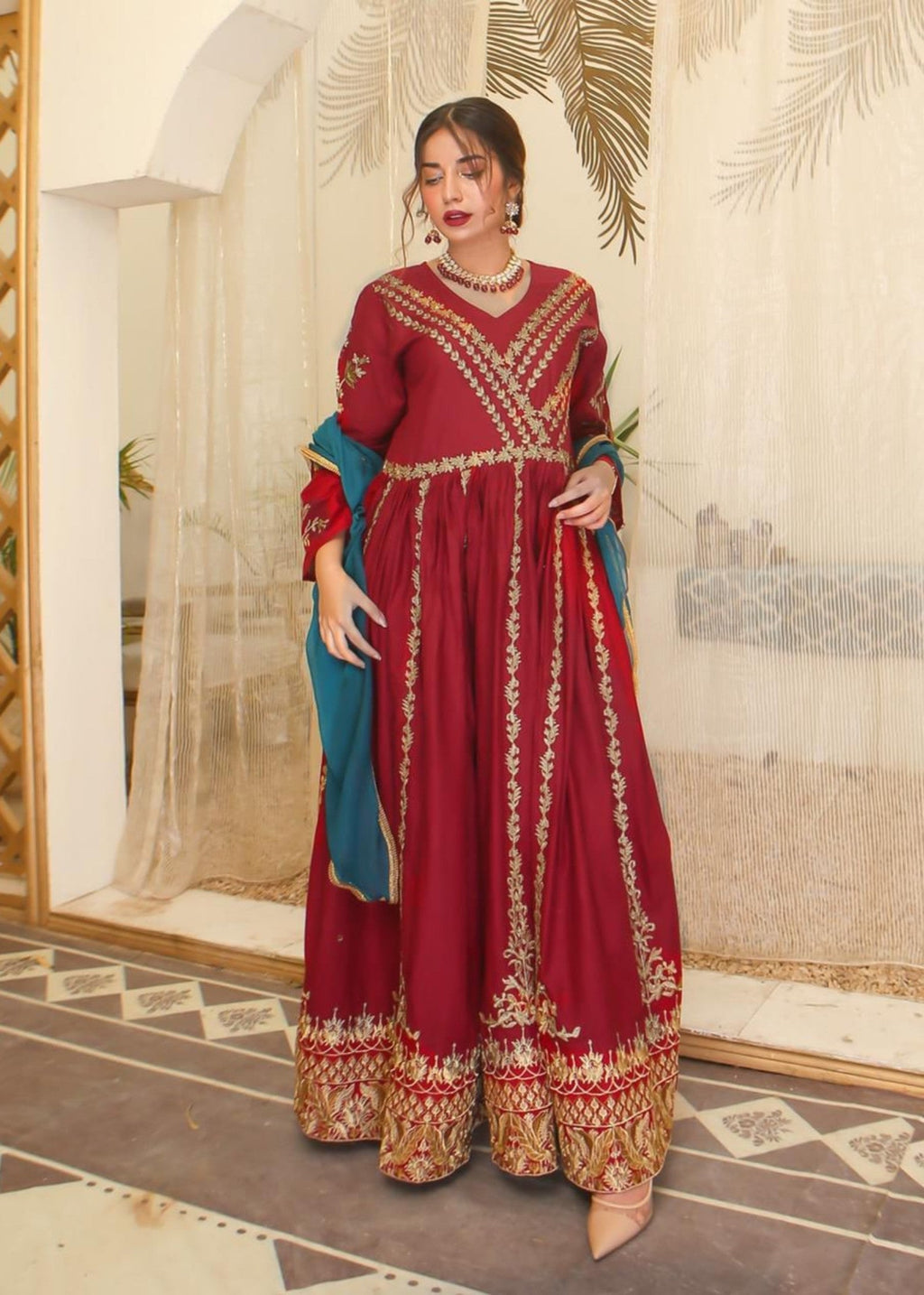 Akhrot Clothing Maroon Vintage Frock Women 2pcs