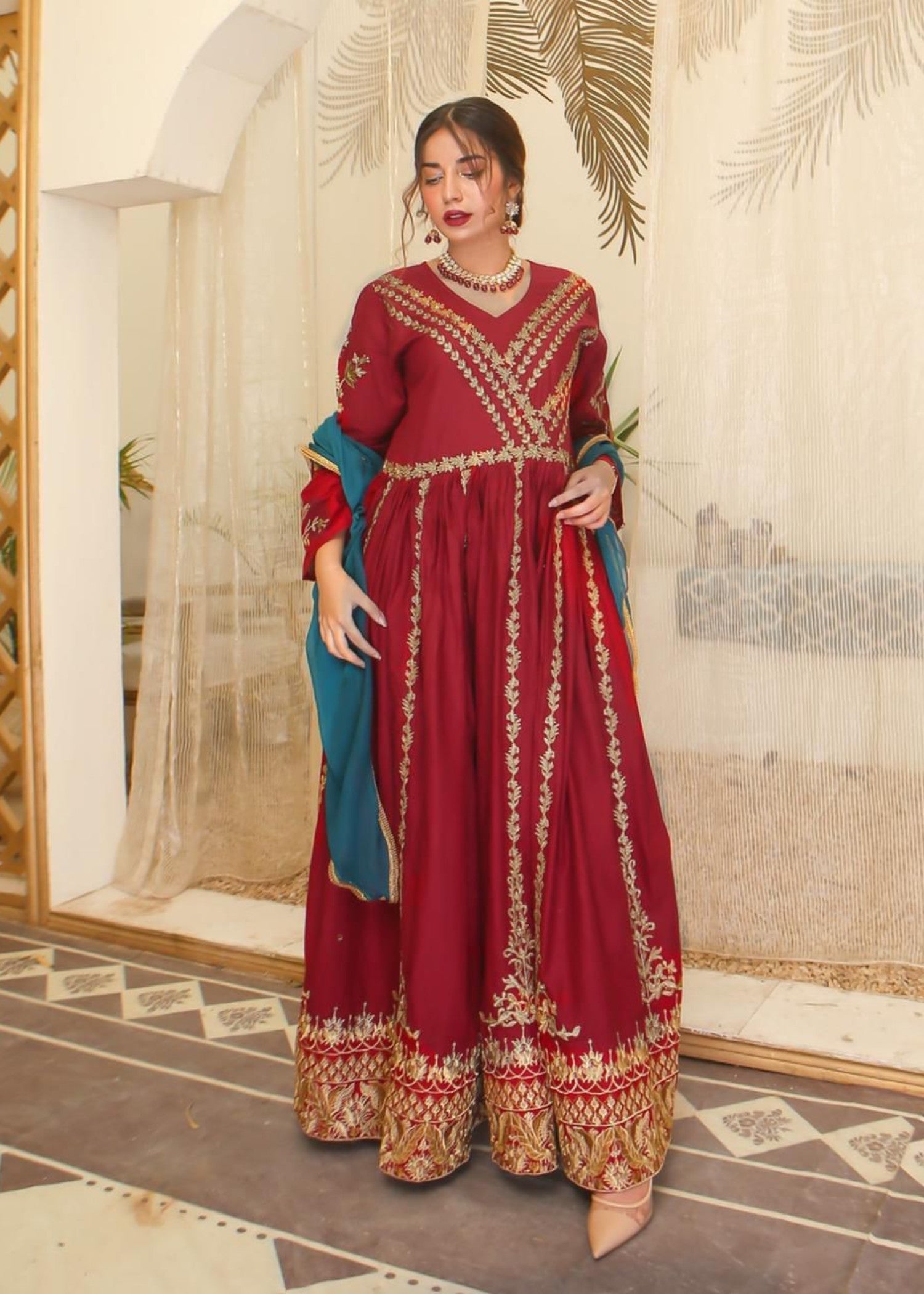 Akhrot Clothing Maroon Vintage Frock Women 2pcs