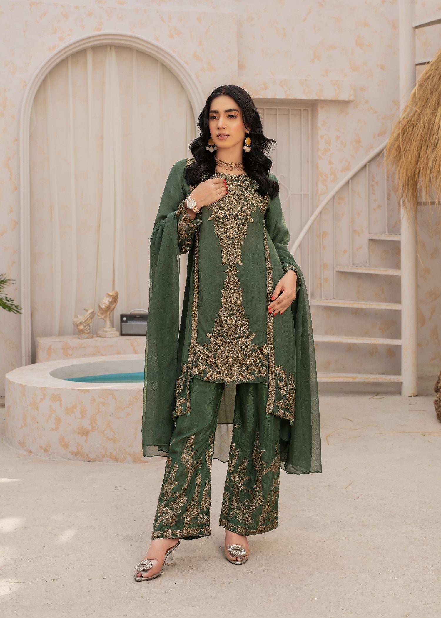 Pehnawa By Bin Akram’s TAIL TRESSURE GRN CHIFFON Women 3pcs