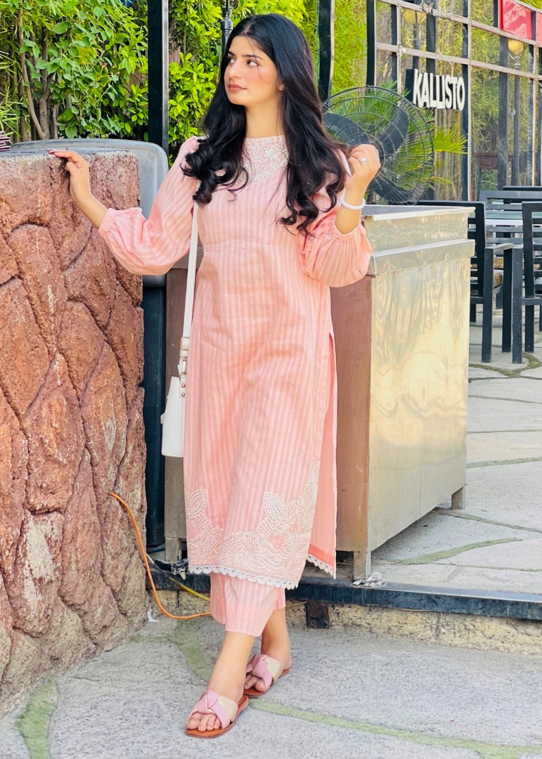Haya'S Creation Peach Self Tarkashi Lawn Dress with Embroidered Patches Women 2pcs
