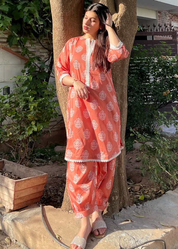 Haya'S Creation Printed Coral Lawn Dress with Patyala Style Bottom Women 2pcs