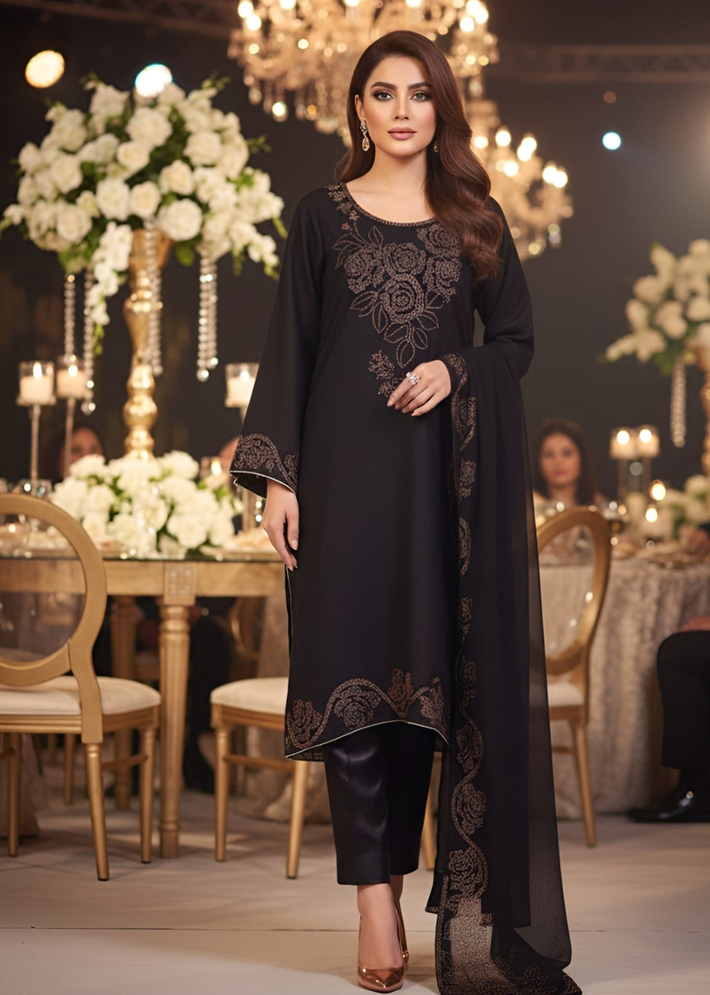 Duas Boutique Designer Chiffon Party Wear Stitched – 4 Cut Stone Work Women 3pcs