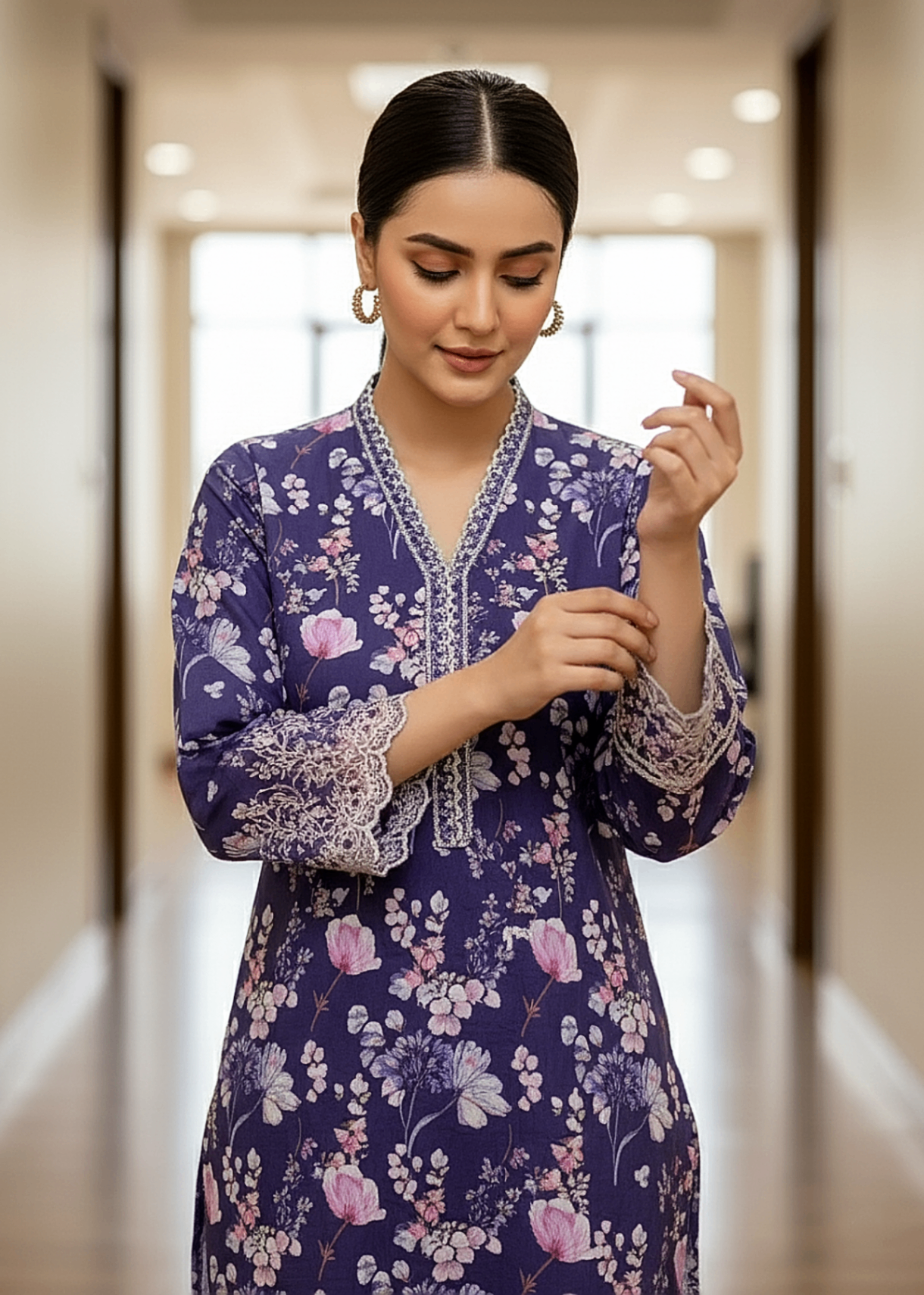 Lakhany Printed Embroidered Shirt & Trouser LG IZ 0487 Women 2pcs