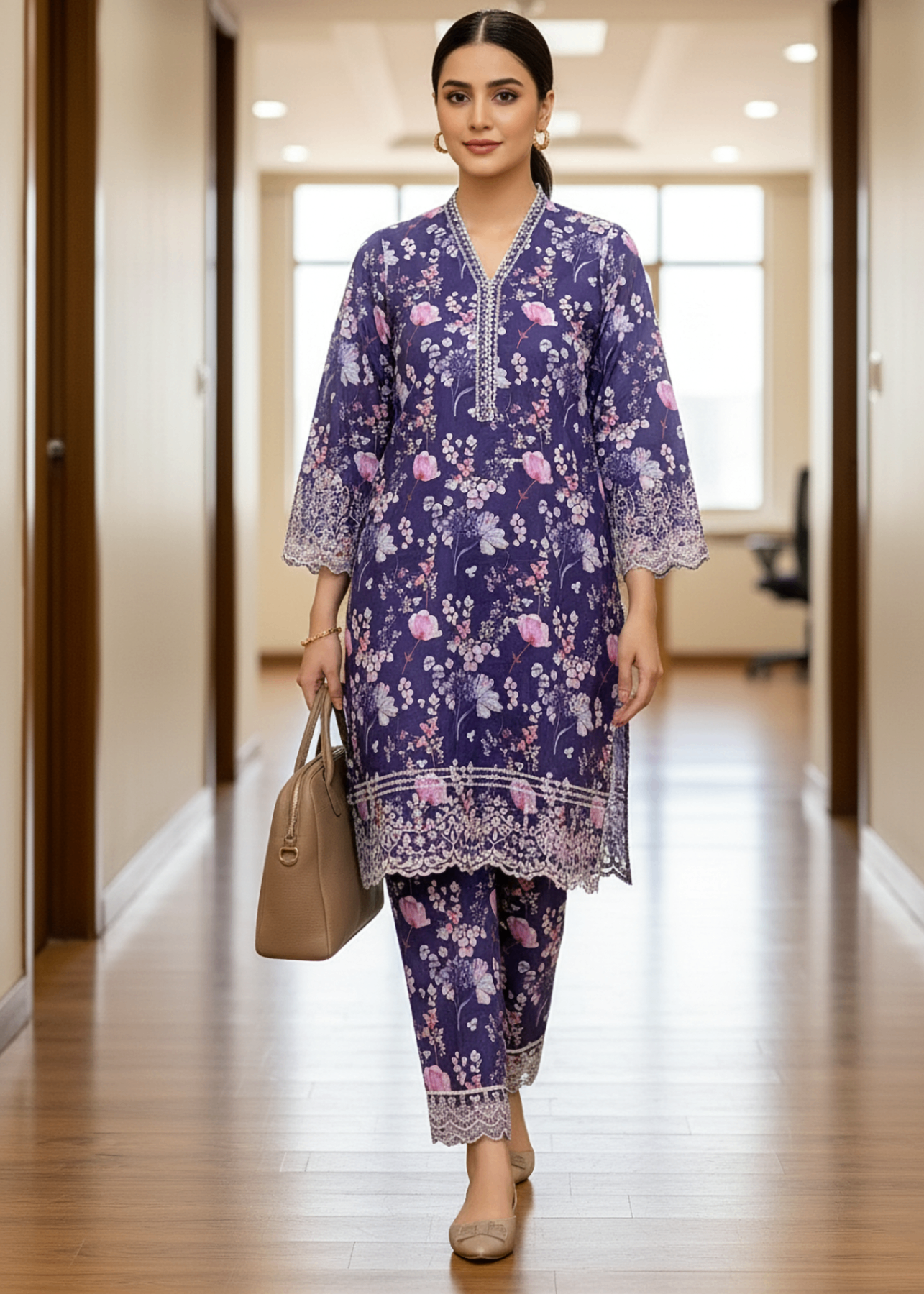 Lakhany Printed Embroidered Shirt & Trouser LG IZ 0487 Women 2pcs