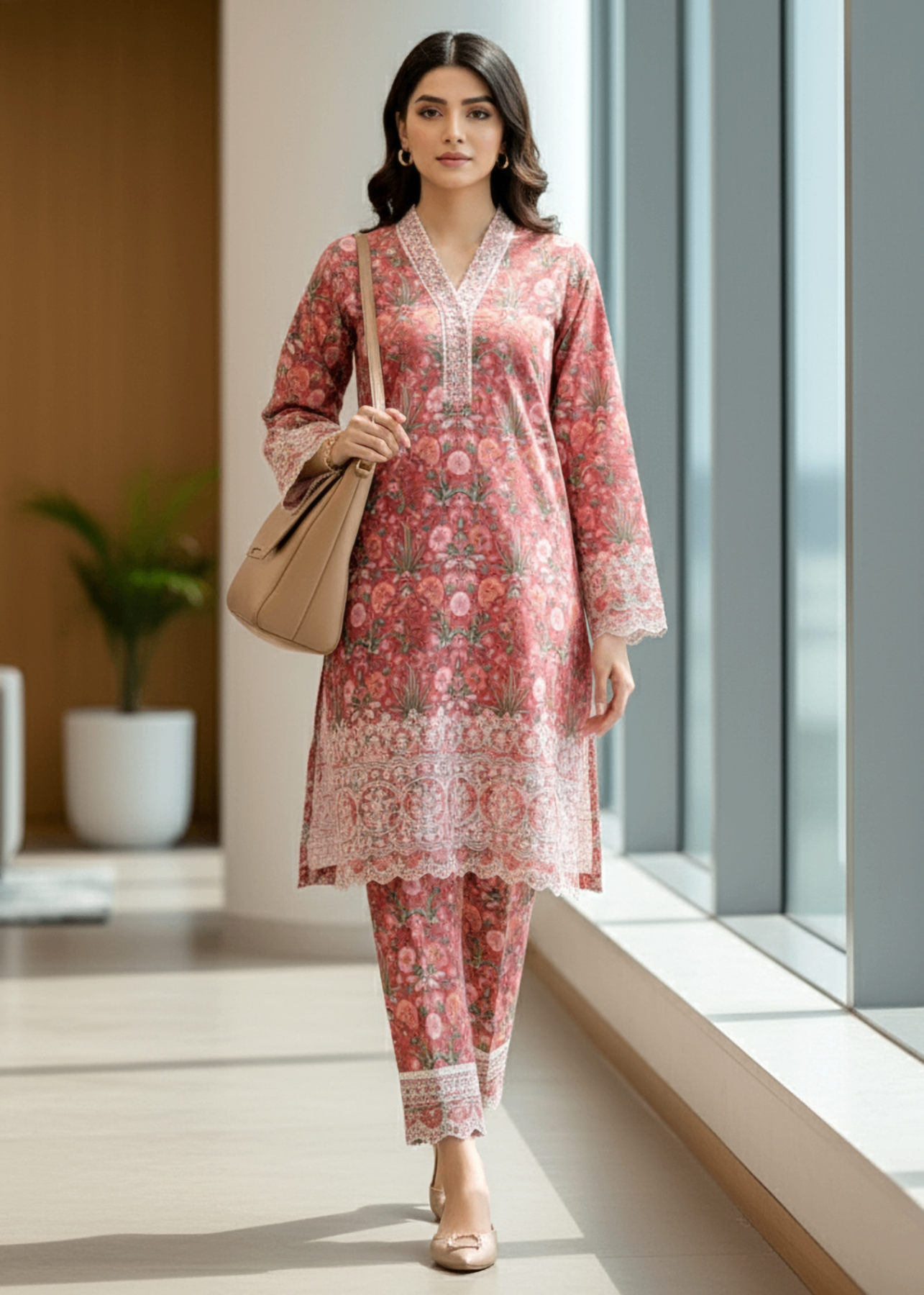 Lakhany Printed Embroidered Shirt & Trouser LG IZ 0492 Women 2pcs