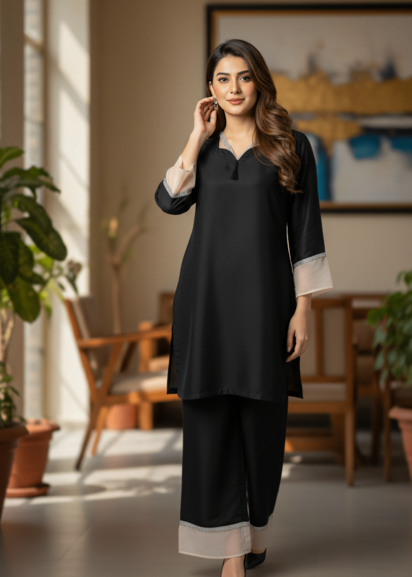 Mahrosh Closet Elegant Black Dyed Suit with Lace & Tassel Detail Women Stylish M 03 Women 2pcs