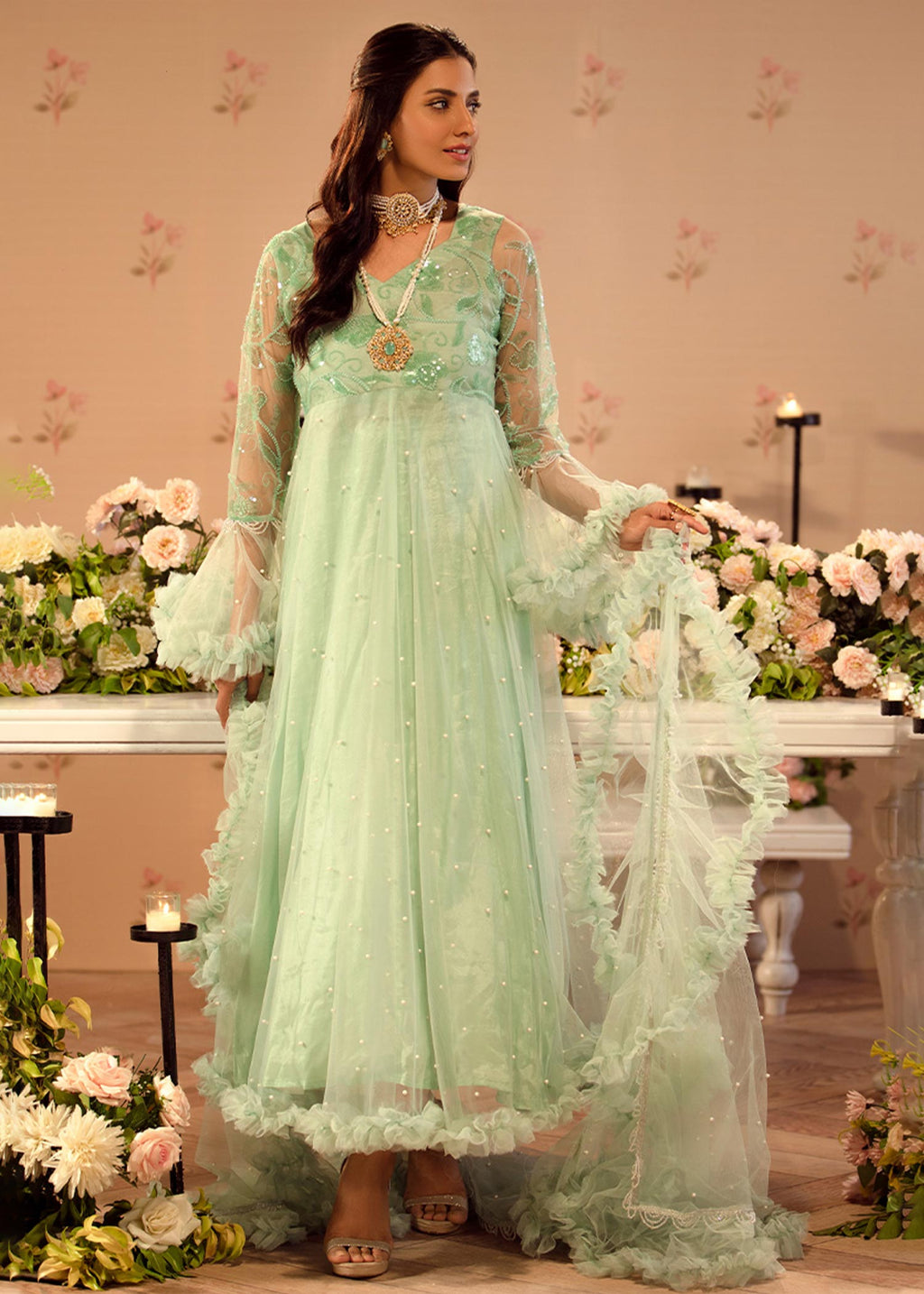 Chicophicial Mint Green Frill Pishwas Women 3pcs