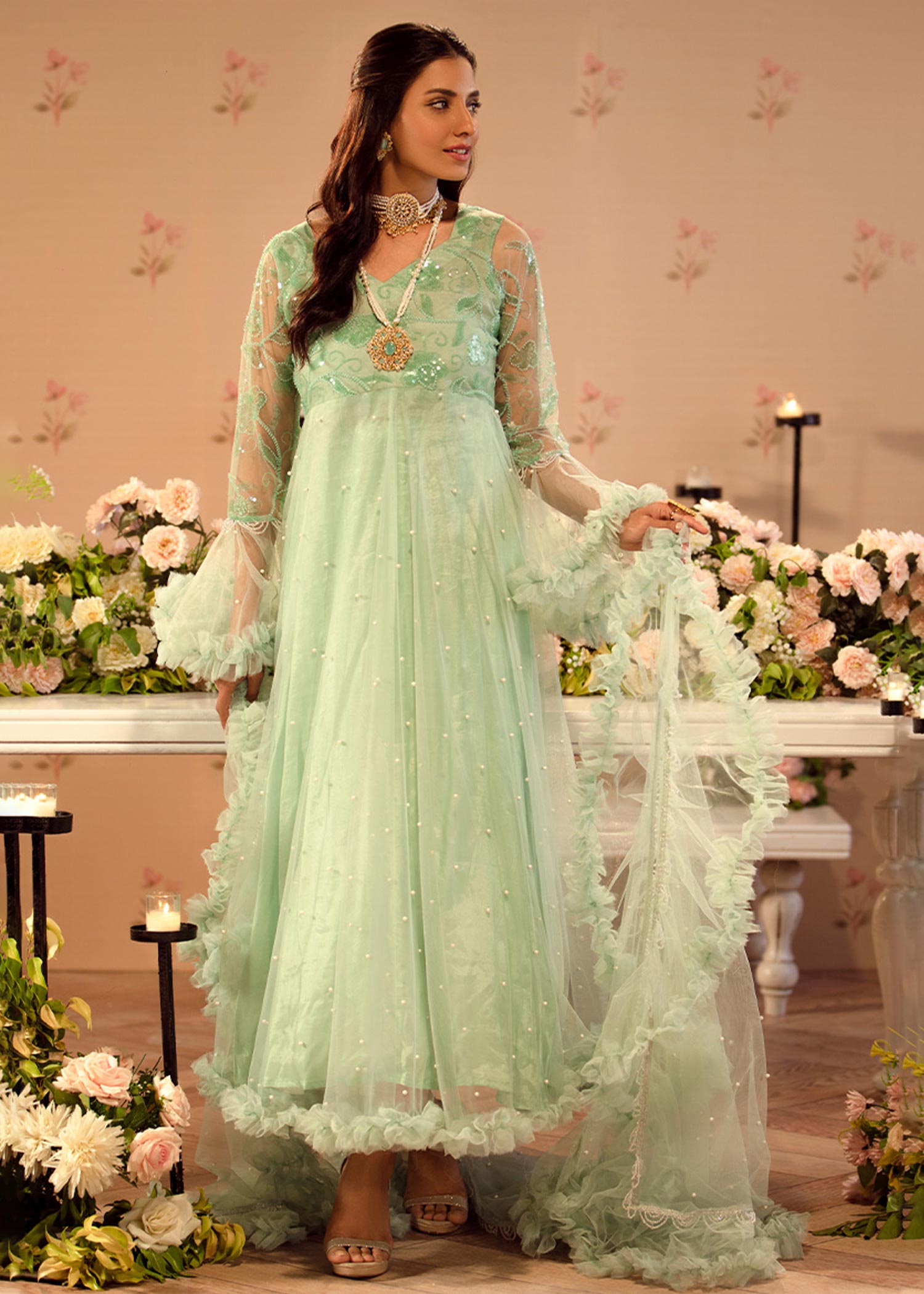 Chicophicial Mint Green Frill Pishwas Women 3pcs