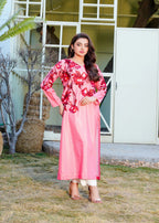 Athena Apparels Lumina: Pink Long Shirt With Red Floral Work 394 Women 1pcs