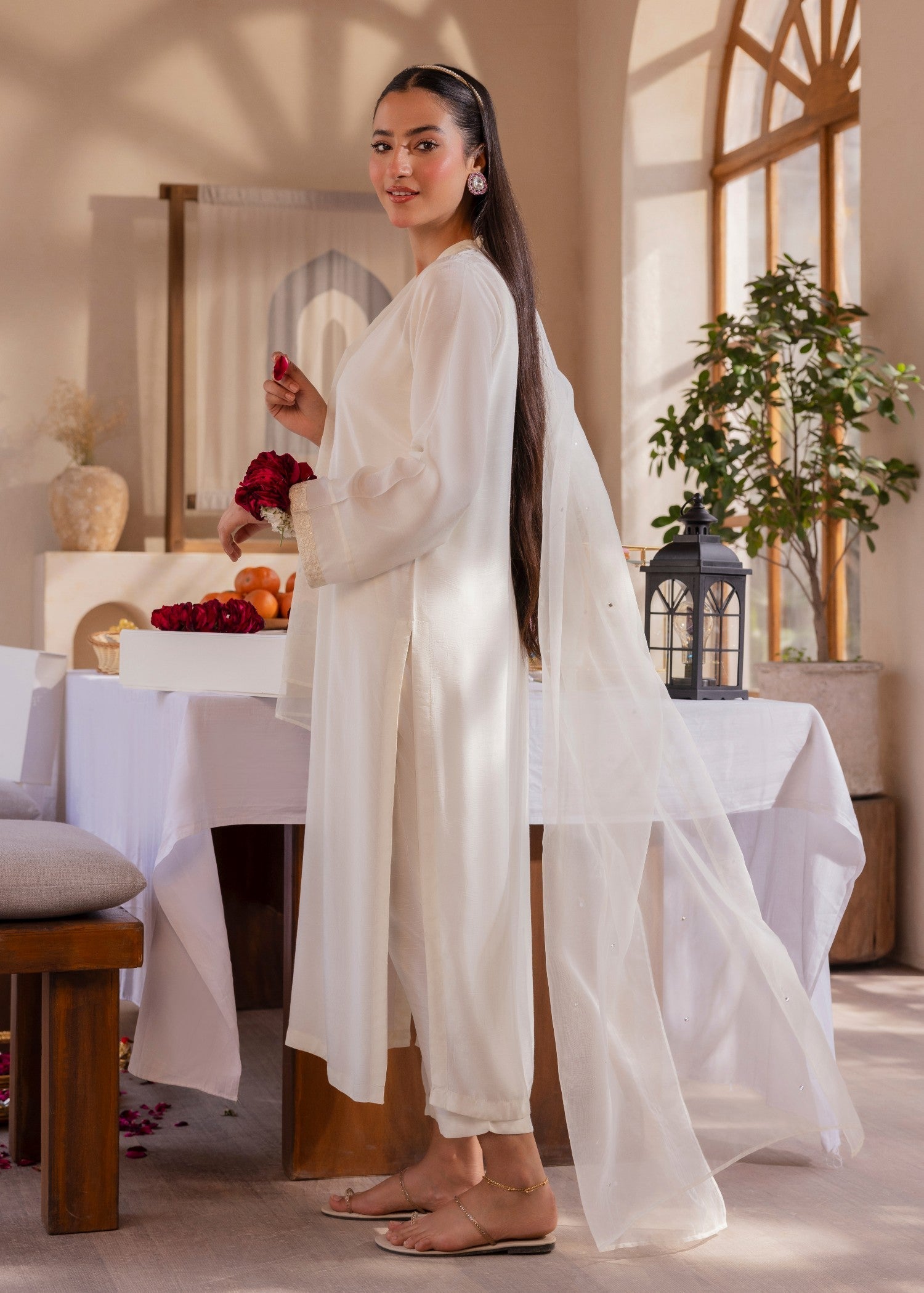 Edowlark Coconut Cream Embroidered Raw Silk Suit Women 4pcs