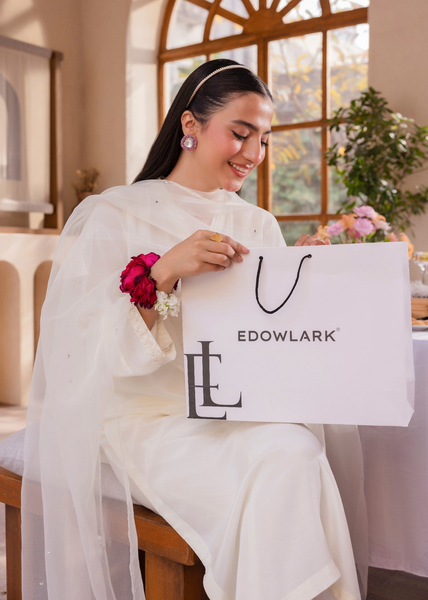 Edowlark Coconut Cream Embroidered Raw Silk Suit Women 4pcs