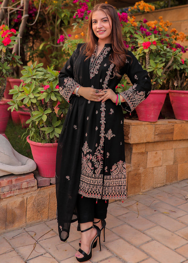 Merakish Rich Black embroidered chiffon unstitched Suit Women 3pcs