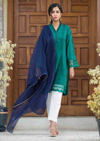 Nuqsh NRA 006 Emerald Green Kurta, Straight Pants & Navy Blue Silk Crush Dupatta Women 3pcs